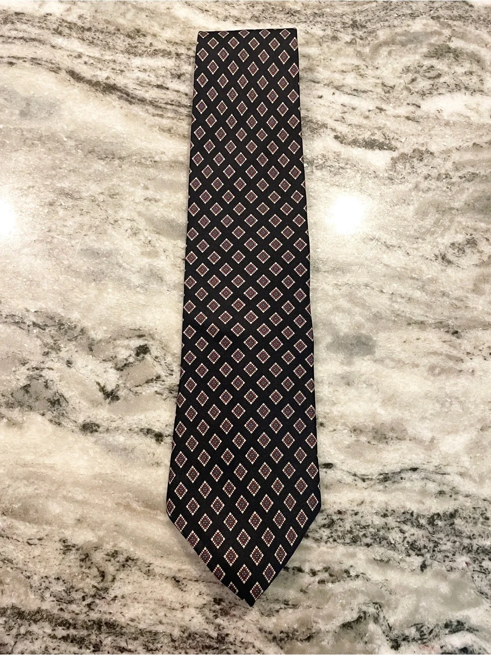 Vintage Hardy Amies Savile Row London Silk Necktie – Navy Geometric Medallion